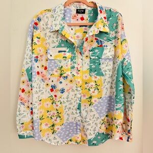 Fate Multicolor Floral Patchwork Button-Up Shirt with Pockets NWOT